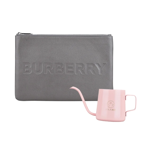 BURBERRY 巴寶莉 BURBERRY壓印字母LOGO粒面牛皮拉鍊手拿包(灰/粉色咖啡壺)