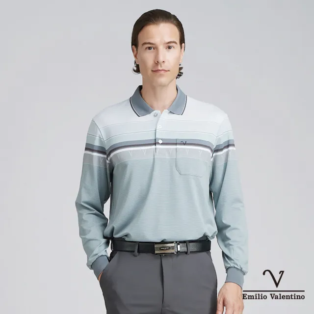 【Emilio Valentino 范倫鐵諾】男 吸濕排汗 彈性 速乾橫紋胸袋 薄 長袖POLO衫_灰/綠(21-4V8871)