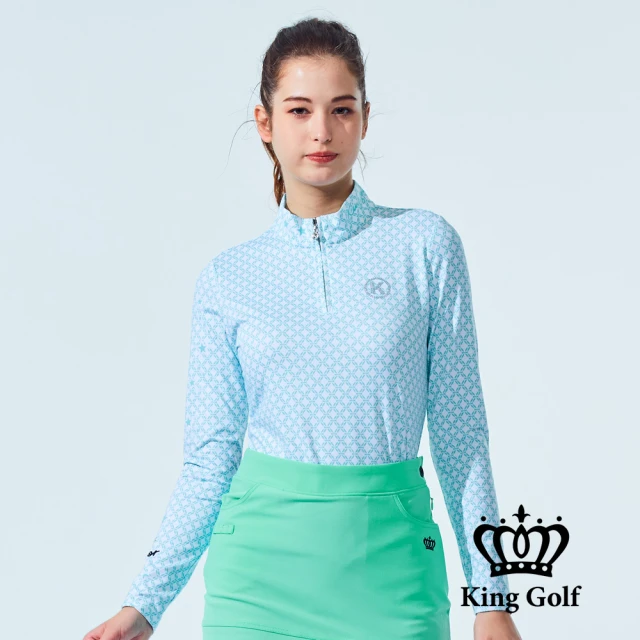 KING GOLF 網路獨家-女款經典菱紋印花立領拉鍊上衣長袖POLO衫/高爾夫球衫(綠色)