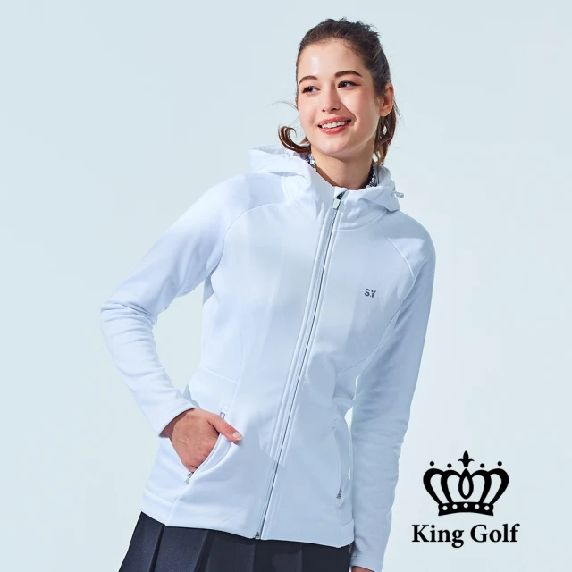 KING GOLF 網路獨家-女款修身素色百搭刷毛運動連帽外套(白色)