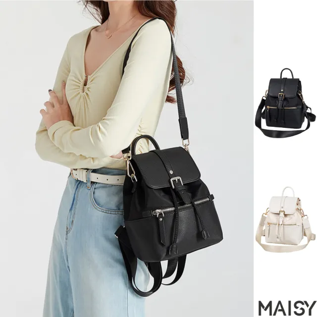 【MAISY】日韓經典外出旅遊迷你牛津布後背包 肩背包 雙肩包(黑色/米色)