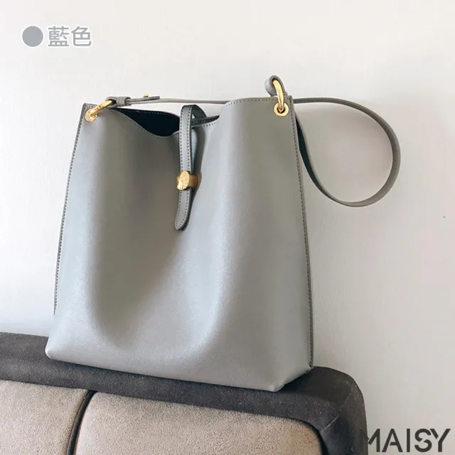 【MAISY】韓版精緻真皮水桶包 肩背包 斜背包(真皮包包 現+預  藍 / 米白 / 卡其 / 棕)