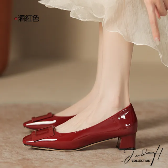【J&H collection】法式氣質漆皮方頭粗跟女鞋(杏色／酒紅色 / 黑色)