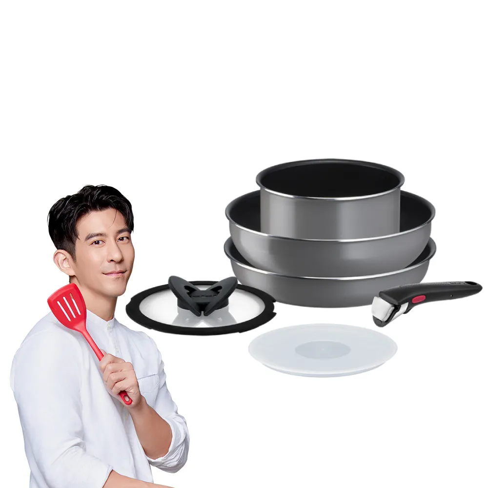 【Tefal 特福】法國製巧變精靈系列可拆式不沾鍋6件組-極光灰