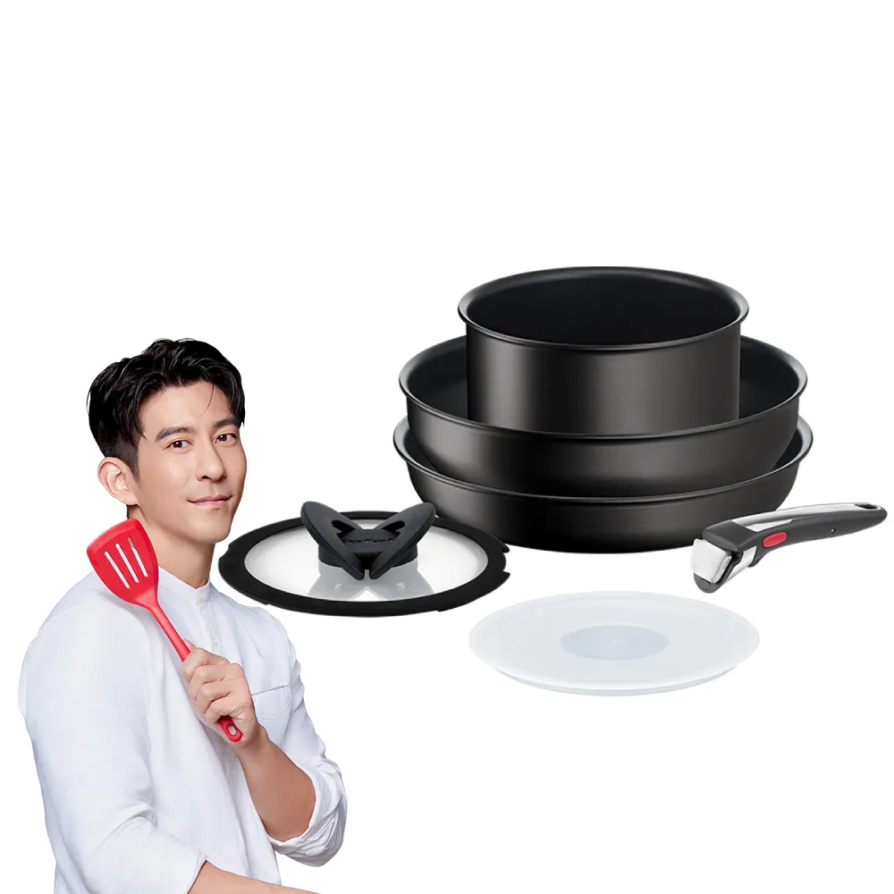 【Tefal 特福】MOMO獨家 法國製巧變精靈系列可拆式不沾鍋3鍋6件組-夜黑(IH爐可用鍋/電磁爐適用)