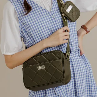 【FOCUS】菱格輕量防潑水真皮包包 拼接尼龍包/側背/斜背方包+小掛包(防水包 FGE7050-森林綠)