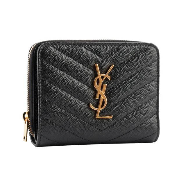 【YSL】山形紋魚子醬皮拉鍊零錢袋暗釦對開短夾(黑色)
