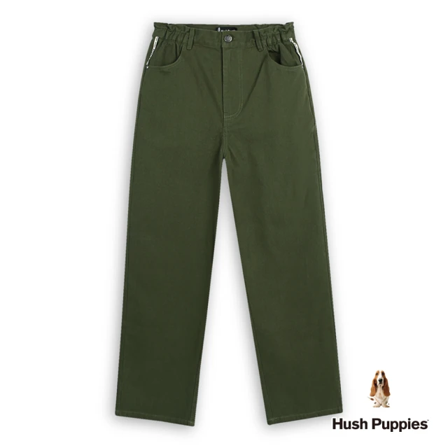 Hush Puppies 女裝 長褲 素色品牌織帶腰鬆緊休閒寬褲(軍綠 / 44221103)