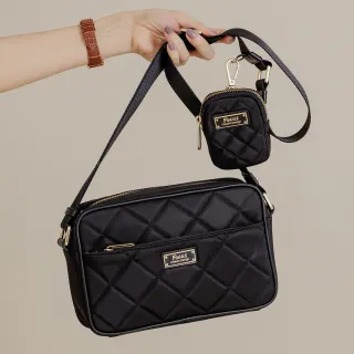 【FOCUS】菱格輕量防潑水真皮包包 拼接尼龍包/側背/斜背方包+小掛包(防水包 FKE7050-夜幕黑)