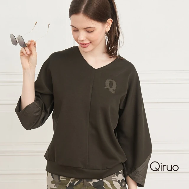 Qiruo 奇若名品 秋冬專櫃深綠色上衣2410A 長袖V領造型衫(M-2XL)