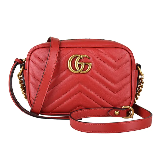 【GUCCI 古馳】Marmont系列雙G復古金屬LOGO Mini Chain牛皮W字紋拉鍊斜背包(迷你/芙蓉紅)