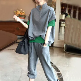 【LANNI 藍尼】★拼接撞色假兩件休閒套裝(上衣/女裝/T恤/套裝)