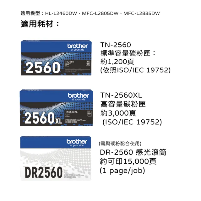 【brother】HL-L2460DW 中階商務無線黑白雷射印表機(雙面列印/有線及無線網路/適用耗材:TN2560/TN2560XL)