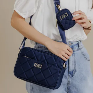 【FOCUS】菱格輕量防潑水真皮包包 拼接尼龍包/側背/斜背方包+小掛包(防水包 FLE7050-午夜藍)