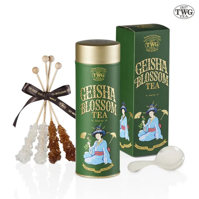 【TWG Tea】頂級訂製茗茶禮物組(綠茶任選 100g；130g/罐+計量銀匙+茶糖棒)