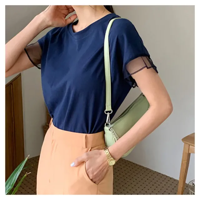 【ASister 小姊姊】現貨在庫★純棉上衣☆圓領短袖純棉拼接網紗荷葉袖T恤上衣(6色 S-L #AS0310)