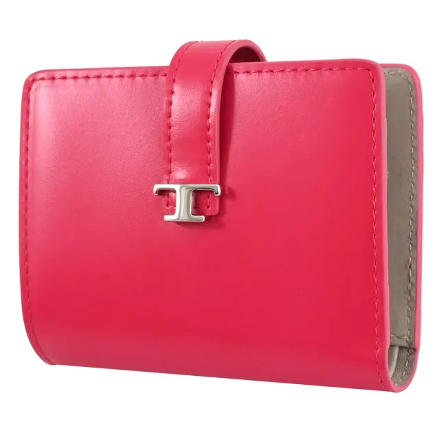 【TOD’S】TODS T Timeless 金屬T LOGO小牛皮扣式零錢中夾(亮桃)