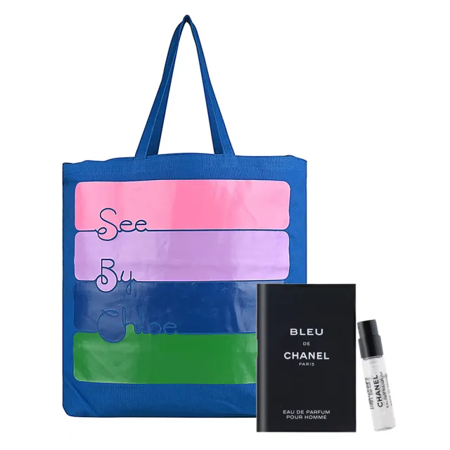 【See by Chloe’】See by Chloe 童趣草寫LOGO標誌帆布肩背包(藍x多色/CHANEL針管1.5ML小香)