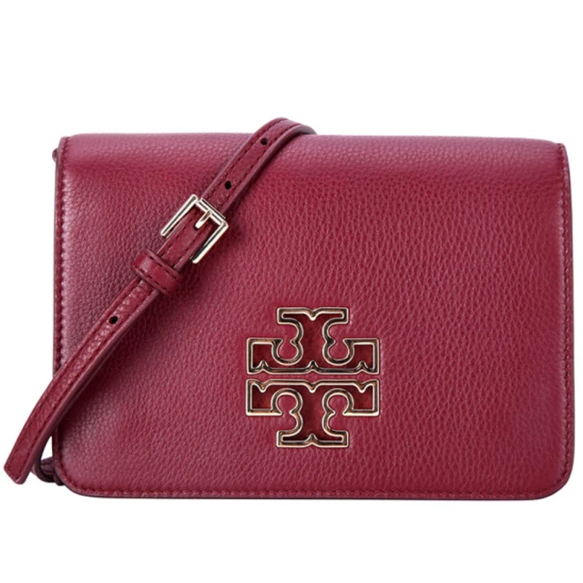 TORY BURCH Britten勃根地酒紅皮革簍空LOGO翻蓋鏈帶斜背包