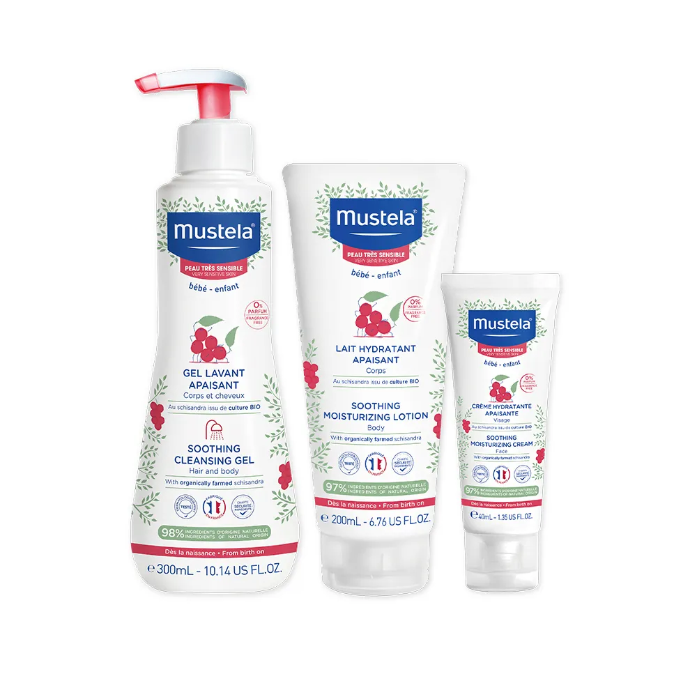 【Mustela 慕之恬廊】舒恬良 敏弱膚質全護組(雙潔凝露300ml+潤身乳200ml+面霜40ml 敏弱寶寶沐浴乳液)