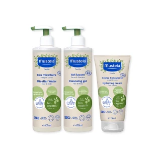 【Mustela 慕之恬廊】有機保養基礎組(雙潔露400ml+潤膚乳150ml+潔膚水400ml 無香 歐盟ECOCERT+法國BIO認證)