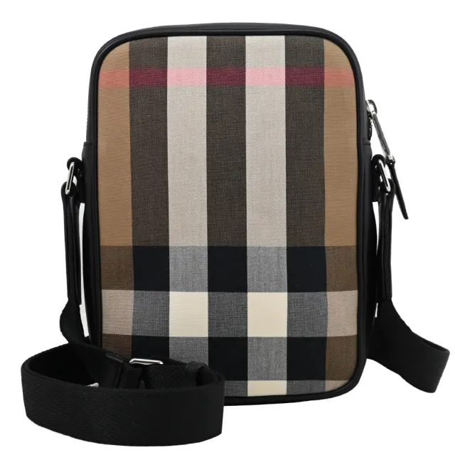 【BURBERRY 巴寶莉】英系經典格紋帆布拼接背方包記者包斜背包(黑邊)