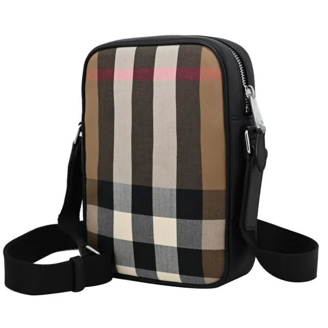 【BURBERRY 巴寶莉】英系經典格紋帆布拼接背方包記者包斜背包(黑邊)