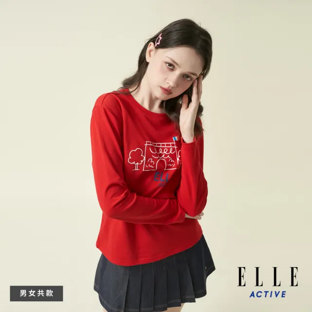 【ELLE ACTIVE】男女同款 印花塗鴉百搭長袖T恤-紅色(EA24A2F1702-75)