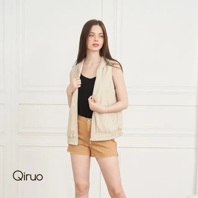 【Qiruo 奇若名品】秋冬專品米色連帽背心8171D 素色保暖 