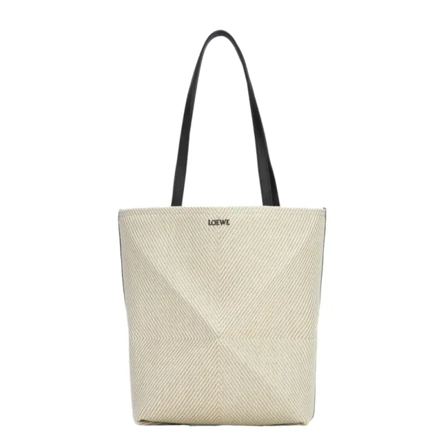 【LOEWE 羅威】Puzzle Fold Tote 中款 緹花織棉質 折疊 托特包 淺米色 自然色