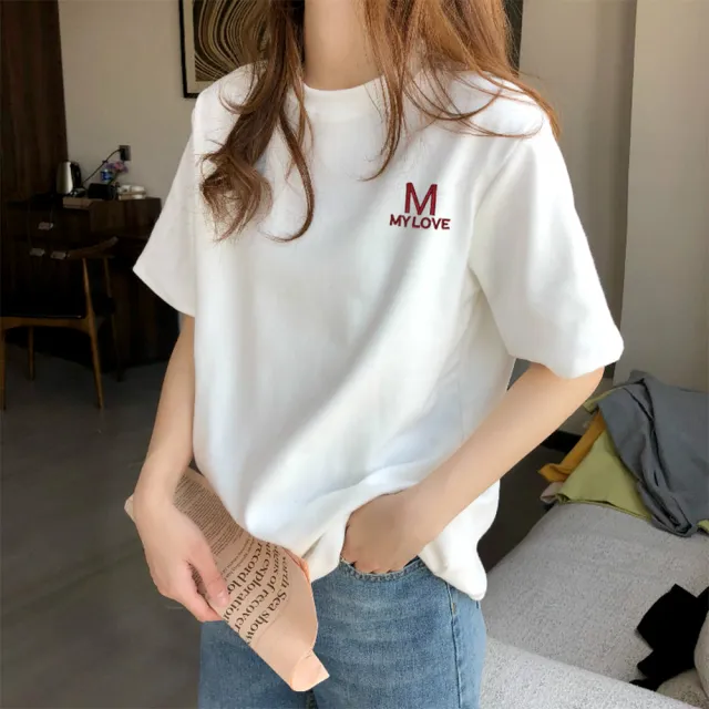 【MoonDy】圓領上衣 純棉短袖 寬版T恤 笑臉上衣 打底衫 美式上衣 上衣 女生上衣 寬版 t恤