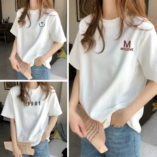 【LEESA】純棉短袖\打底衫\寬版\t恤\圓領上衣\笑臉上衣\上衣\女生上衣\寬版T恤\美式上衣