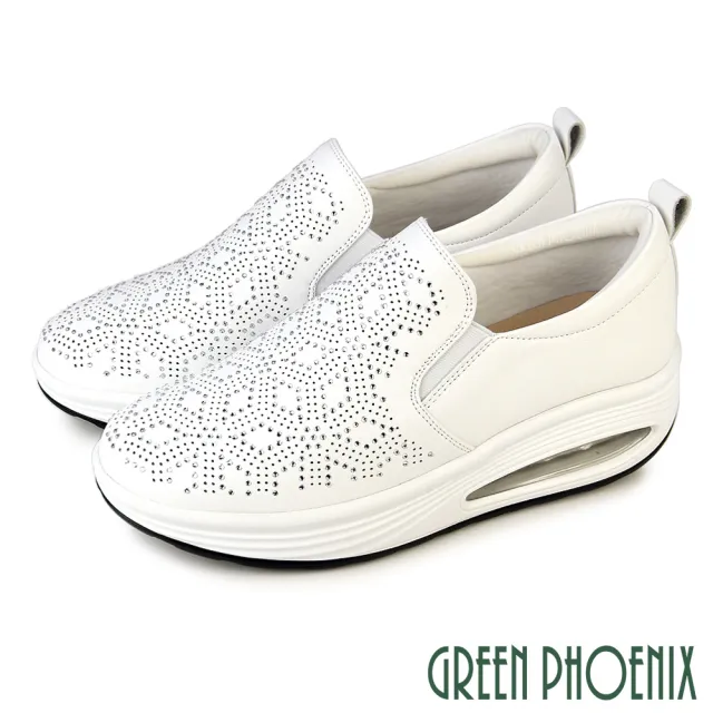 【GREEN PHOENIX 波兒德】女 運動鞋 健走鞋 懶人鞋 氣墊 水鑽 彈力 紓壓 真皮(白色、黑色)