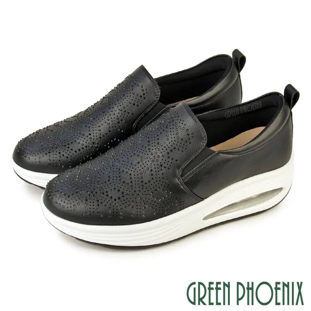 【GREEN PHOENIX 波兒德】女 運動鞋 健走鞋 懶人鞋 氣墊 水鑽 彈力 紓壓 真皮(白色、黑色)