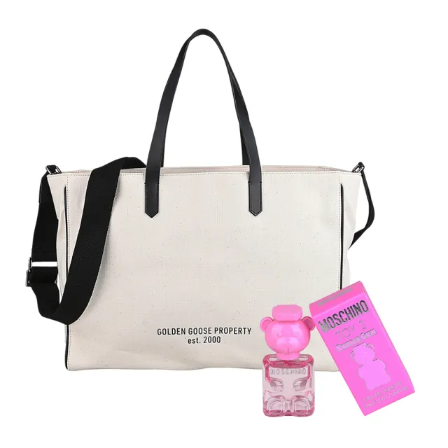 【GOLDEN GOOSE】GOLDEN GOOSE內皮標銀字LOGO帆布肩背/斜背托特包(米/MOSCHINO小香水5ml)