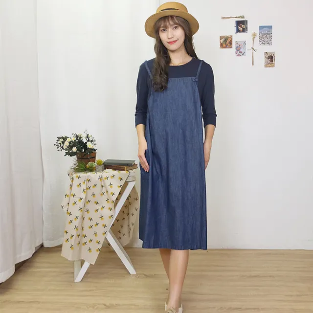 【Hana Mokuba】花木馬日系女裝清新逆齡假兩件七分袖牛仔洋裝(洋裝)