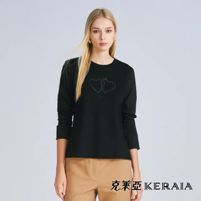 【KERAIA 克萊亞】心心相印百搭燙鑽圓領上衣(兩色;M-XXL)