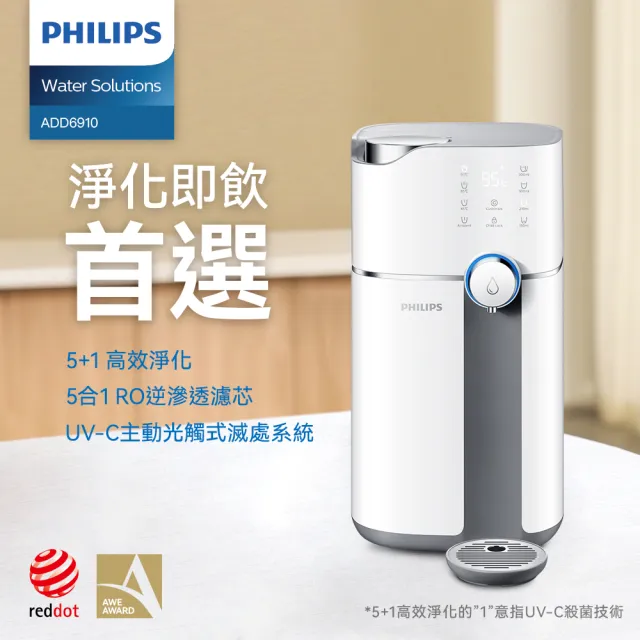 【Philips 飛利浦】智能雙效UV-C滅菌/RO過濾瞬熱淨水機(ADD6910)(主機內含濾心)+複合濾芯(ADD550)