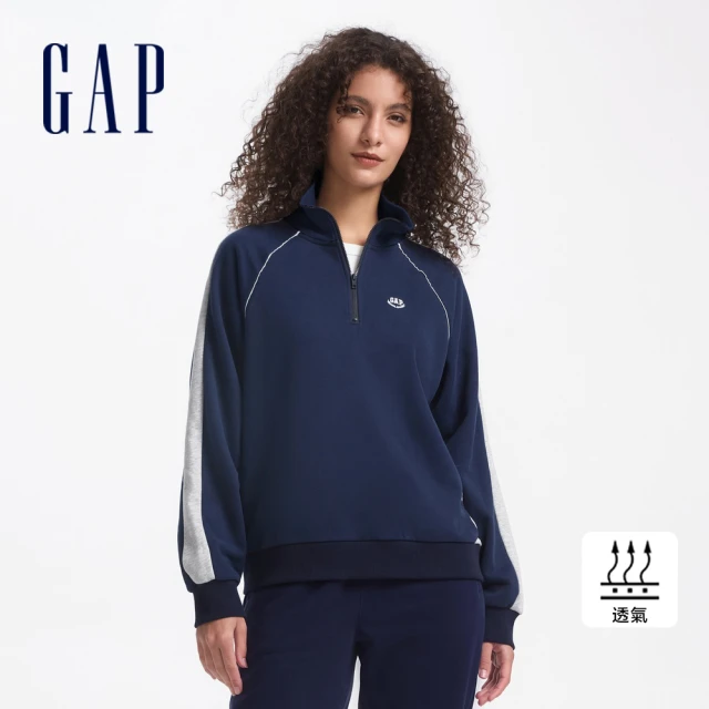 GAP 女裝 Logo刺繡翻領長袖上衣 碳素軟磨法式圈織系列-海軍藍(636720)