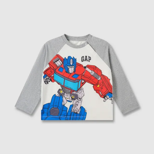 【GAP】兒童裝 Gap x TRANSFORMERS變形金剛聯名 Logo純棉印花圓領長袖T恤-灰色拼接(644926)