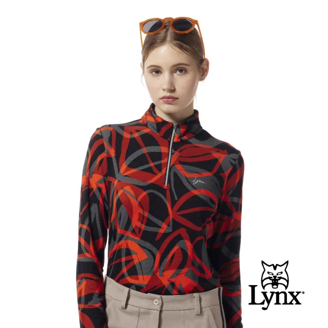 【Lynx Golf】女款歐洲進口布料隨性個性線條印花造型長袖立領POLO衫(橘色)