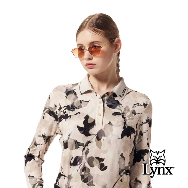 【Lynx Golf】女款歐洲進口布料經典花布造型羅紋繡花領設計長袖POLO衫(淺卡其色)