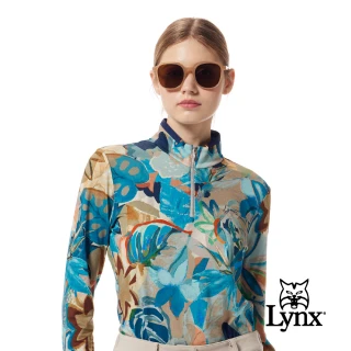 【Lynx Golf】女款歐洲進口布料滿版花布印花剪接織帶造型長袖立領POLO衫(湖藍色)