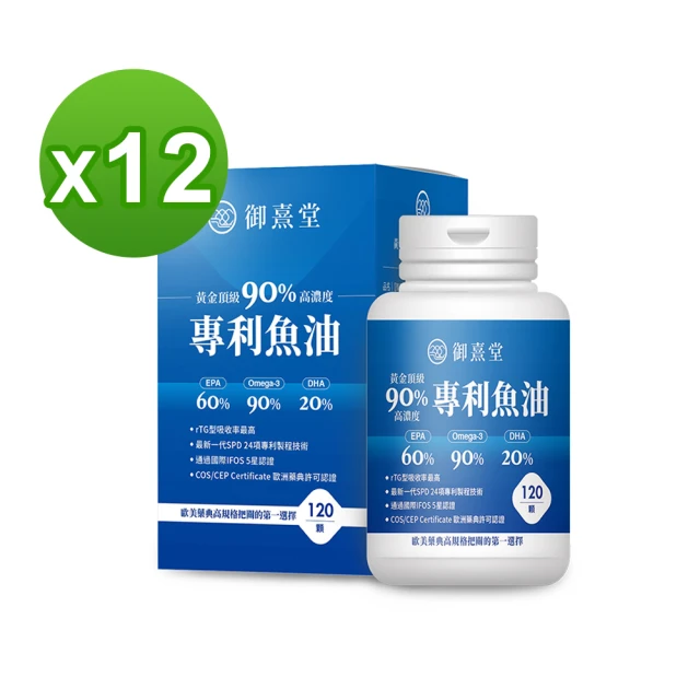 御熹堂 黃金頂級 90%高濃度專利魚油12入組(一入120顆、醫師推薦、高單位Omega-3、rTG好吸收)