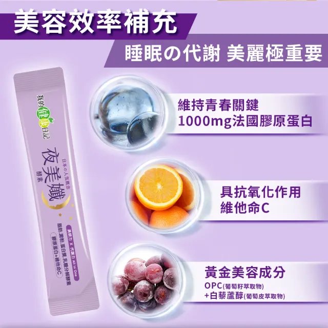 【我的健康日記】夜美孅酵素2盒組(共60包 劉品言代言)-膠原蛋白 維他命C 乳清蛋白 鉻 藤黃果