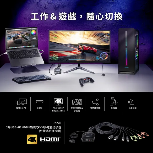 【ATEN】2埠USB 4K HDMI帶線式KVM多電腦切換器(CS22H)