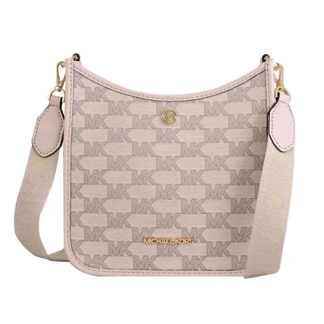 【Michael Kors】圓標LOGO滿版MK活動寬背帶個性斜背包(粉邊)
