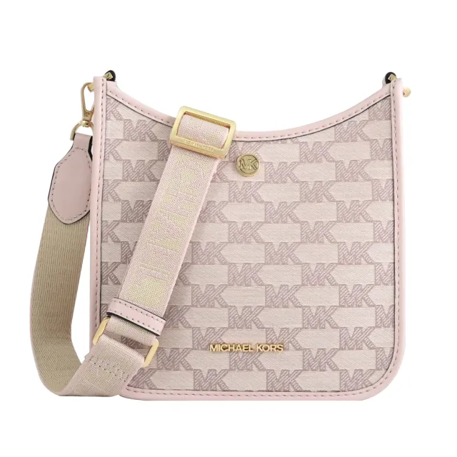 【Michael Kors】圓標LOGO滿版MK活動寬背帶個性斜背包(粉邊)