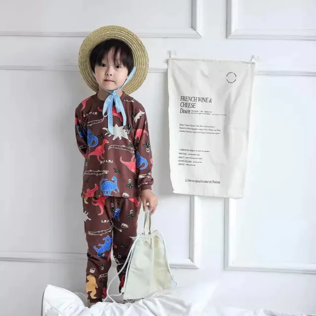 【安朵童舖】現貨韓版兒童薄款棉質長袖套裝女童滿版印花套裝男童睡衣套裝長袖上衣長褲(5)