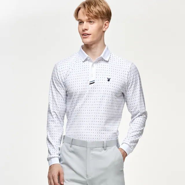 【PLAYBOY GOLF】男款滿版文字蓄熱保暖高爾夫長袖POLO衫-白(吸濕排汗/GOLF/高爾夫球衫/AA24207-87)